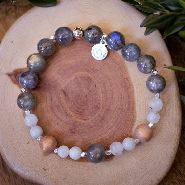 The Moon and Light Mala Bracelet | Labradorite + Moonstone + Rose Wood | Metaphysical | HEAL | self esteem | YOGA GIFT | Celestial | growth