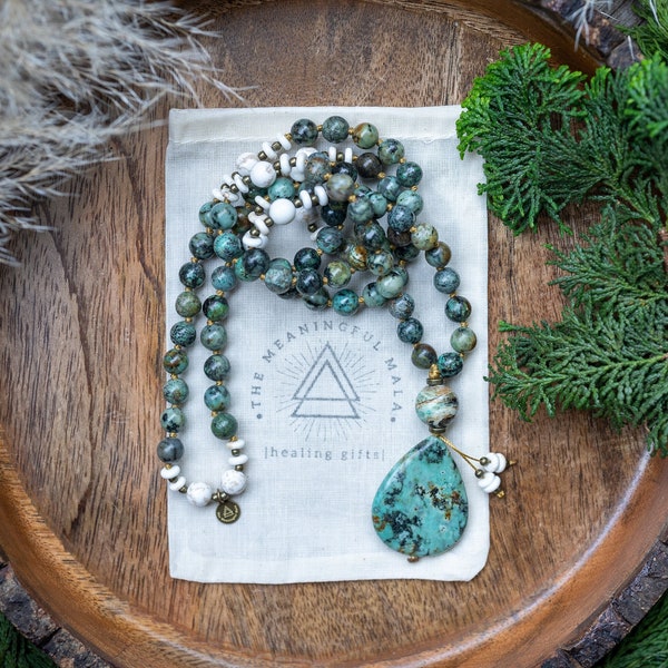 Peace and Grace Beaded Mala Necklace + White Turquoise + Turquoise  + Buddha Pendant Mala | reduce stress | enhance calm | 108 | Boho Gift