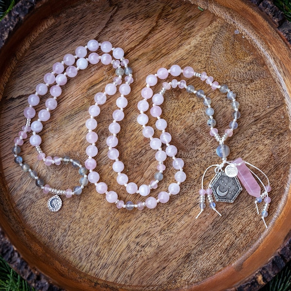 The Charming Love Mala Necklace  Labradorite + Rose Quartz, Self Love, Compassion, heart healing 108