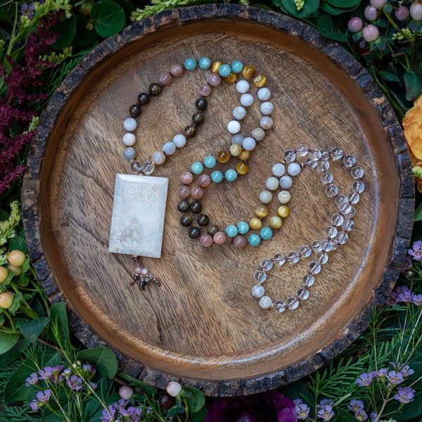 Desert Sunset Mala Necklace, Lace Agate, Tigers eye, Green Angelite, Sunstone, Bronzite, Clear Quartz,  Fossilized Coral, 108 hand knotted