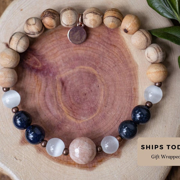 The Affinity Mala Bracelet | Dumortierite + Selenite + Sunstone + Olive Wood | Friendship | HEALING | relationship | BOND | joy | GIFT