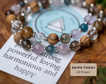Mercury in Retrograde Mala Bracelet | Smokey Quartz | Petrified Wood | Amethyst | Fluorite | Clear Quartz | Shield Negativity | Grounding