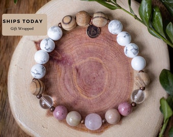 The Soothing Vibes Mala Bracelet | Rhodochrosite + Rose Quartz + Quartz + Howlite + Olive Wood | Friendship | HEALING | love | JOY | gift