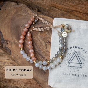 New Moon Energy Adjustable Size Bracelet with Moonstone, Sunstone Labradorite New Beginnings, Transformation, Growth