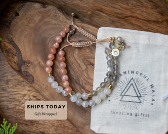 New Moon Energy Adjustable Size Bracelet with Moonstone, Sunstone Labradorite New Beginnings, Transformation, Growth