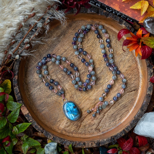 The Giving Light 108 Mala Necklace, Labradorite Amulet, Citrine, Amethyst, Iolite, Hematoid - for healers