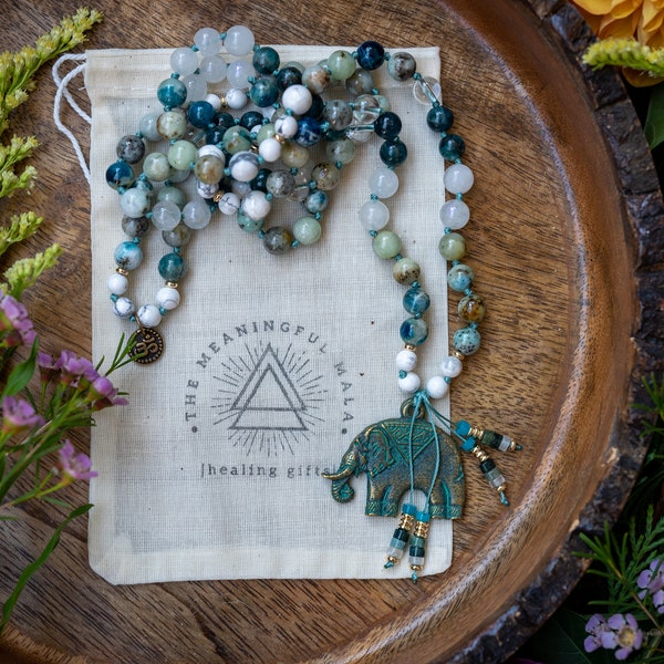 Out of the Blue Mala Beads Necklace - Blue Hackmanite, Apatite, Titanium Rainbow Quartz, Clear Quartz, Howlite, 108 stones alleviate stress