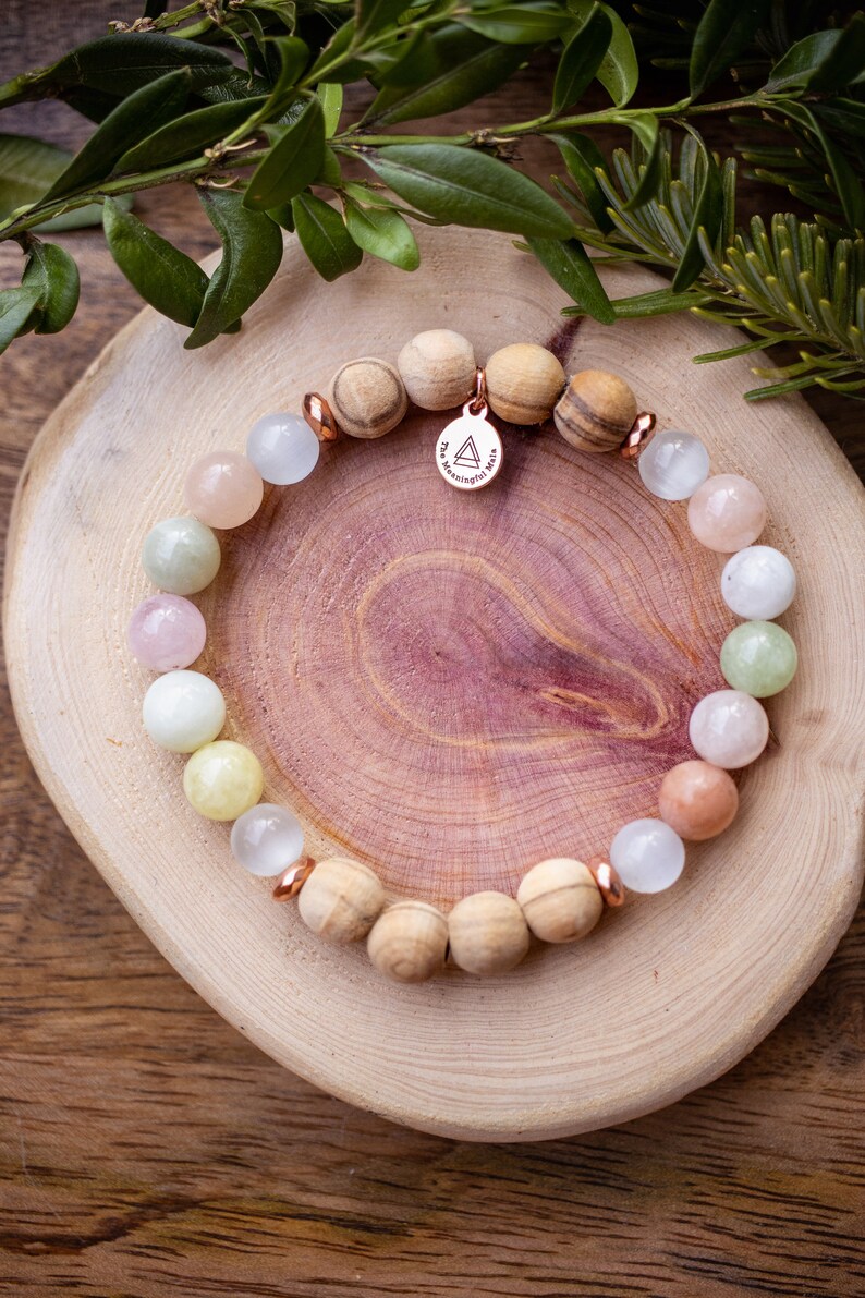 Light of Divine Love Mala Bracelet Selenite Morganite Olive Wood Forgiveness trauma Energy Clearing Joy Peace Spiritual image 5