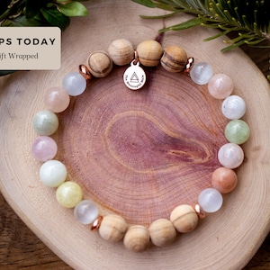 Light of Divine Love Mala Bracelet Selenite Morganite Olive Wood Forgiveness trauma Energy Clearing Joy Peace Spiritual image 1