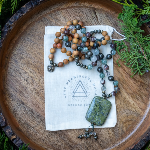 The Muladhara Mala Necklace | Green Phantom Quartz | Epidote Pyrite Mala | Serpentine | Sandalwood Mala Beads | Grounding Mala Jewelry Gift