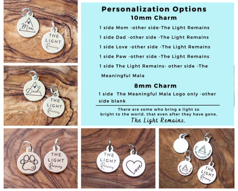 May include: A set of silver charm pendants with different designs, including a paw print, a heart, a triangle with the words "The Meaningful Mala", and a circle with the words "The Light Remains".