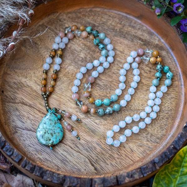 Deep Healing 108 beads, Mala Necklace, Snow Quartz, Turquoise, Jade, Ironized Quartz, Aura, Sunstone, to reduce stress & enhance calm peace