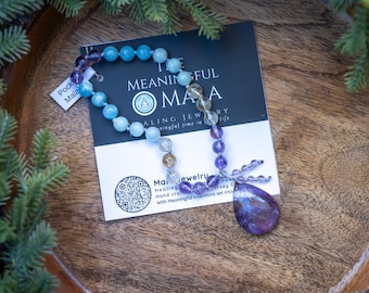 Clear Current Pocket Mala 27 Beads for Balance, Calm Clarity, and emotional flow Amethyst, Aquamarine, Green Larimar, Citrine