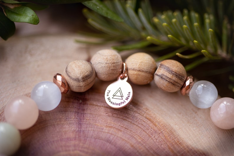 Light of Divine Love Mala Bracelet Selenite Morganite Olive Wood Forgiveness trauma Energy Clearing Joy Peace Spiritual image 4