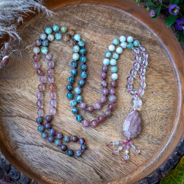 Light Your Love 108 Mala Necklace Angelite, Jade Pyrite, strawberry quartz, Red Healer Quartz Hematoid, Chrysocolla, Ruby Kyanite, Self Love