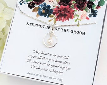Stepmother of Groom Gift, Sterling Silver Infinity Pearl Necklace Stepmom Wedding gift, Bonus Mom gift, Box chain Custom message card