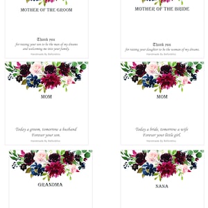 May include: White cards with floral arrangements in burgundy, navy, and pink. Text includes "Mother of the Groom," "Mother of the Bride," "Mom," "Grandma," and "Nana." Each card has a unique message.