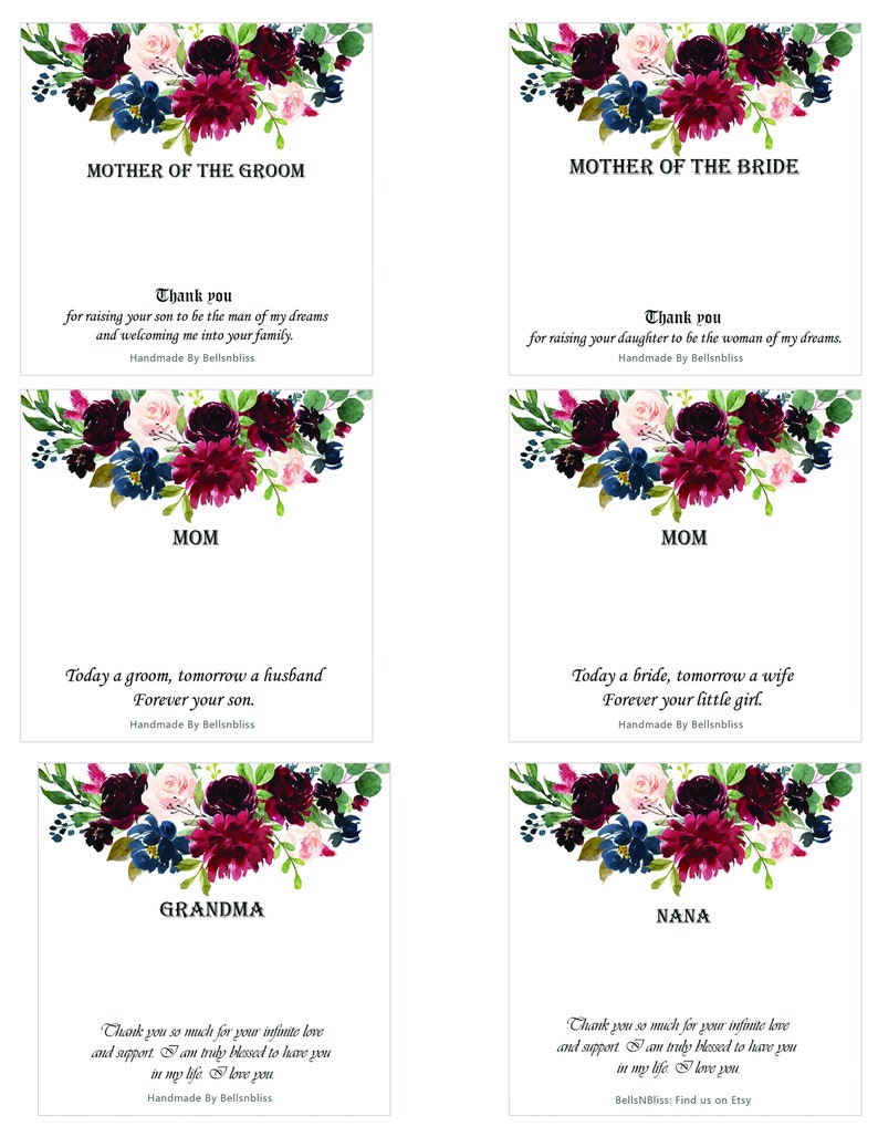 May include: White cards with floral arrangements in burgundy, navy, and pink. Text includes "Mother of the Groom," "Mother of the Bride," "Mom," "Grandma," and "Nana." Each card has a unique message.