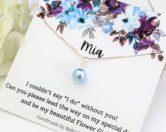 Flower Girl Proposal Gift, Sterling Silver Blue pearl Flower Girl Necklace, Flower girl necklace, wedding jewelry gift from bride