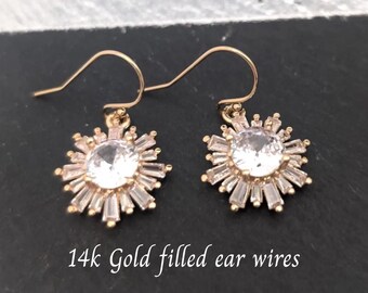 Art Deco Earrings Gold CZ Starburst Earrings With 14k GF Ear wires Bridal Earrings Wedding Gift Elegant Bridesmaid Jewelry Gift for her