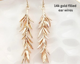Rosemary Branch earrings Handmade Botanical Herb Earrings Gold leaf earrings Twig Nature lover 14k GF Ear wire Birthday Gift for friend