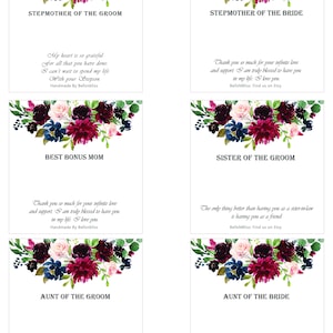 May include: White cards with floral arrangements in burgundy, navy, and pink. Text includes phrases like "Stepmother of the Groom" and "Best Bonus Mom." Handmade by Bellsnbliss.