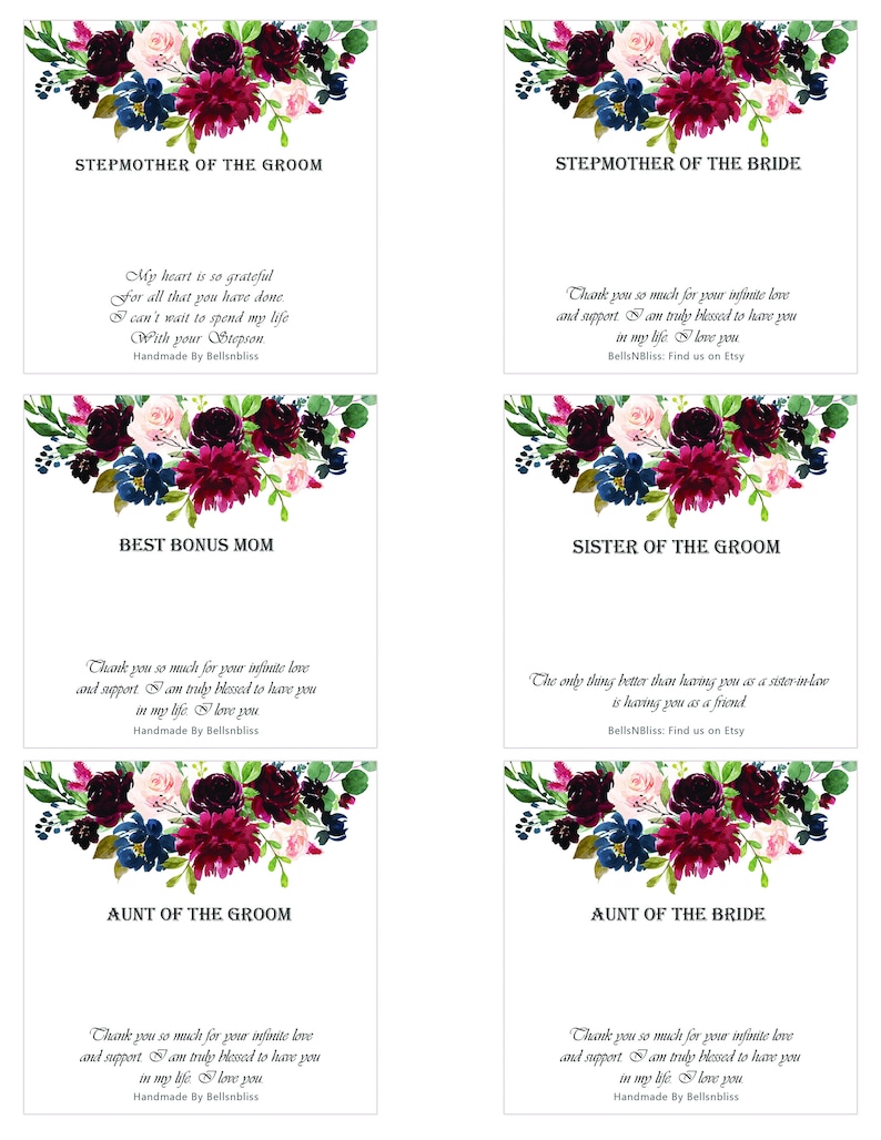 May include: White cards with floral arrangements in burgundy, navy, and pink. Text includes phrases like "Stepmother of the Groom" and "Best Bonus Mom." Handmade by Bellsnbliss.