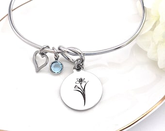 March Birth Flower Bracelet, Aquamarine Birthstone Bangle, Personalized birthday gift, March birthday gift for her Daughter Sister Mom gift