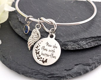 Sympathy Angel wing bracelet, Now she flies with butterflies Memorial birthstone jewelry, Bereavement gift, Remembrance in memory of