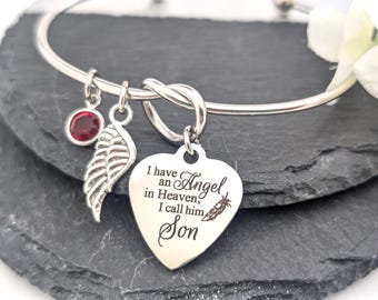 Son Memorial Bangle Bracelet, Angel Wing Sympathy Gift Grief Condolence jewelry, In memory of son loss