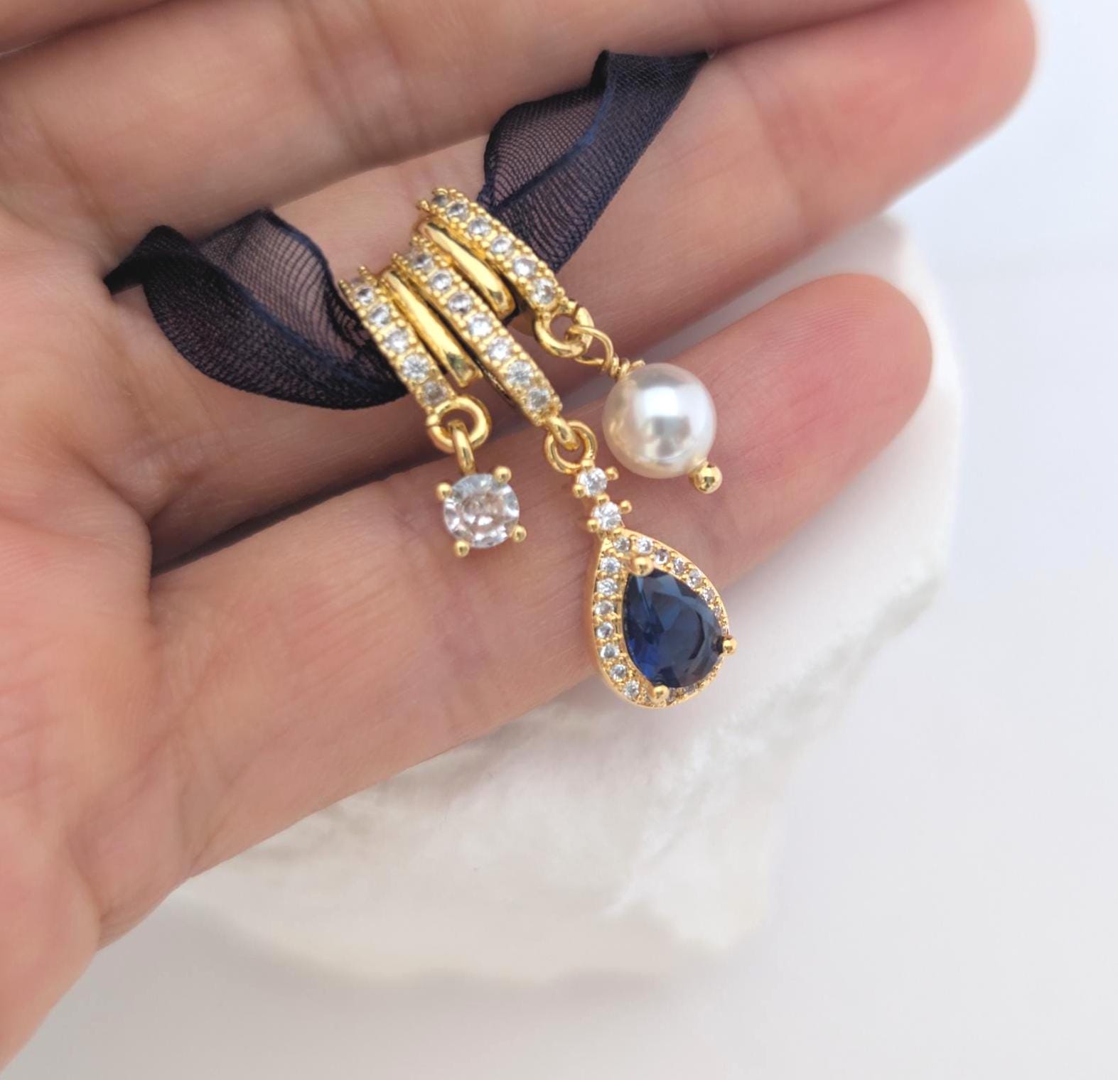 Something blue for bride Bridal Bouquet Charm Gold Dark blue Bride gift…