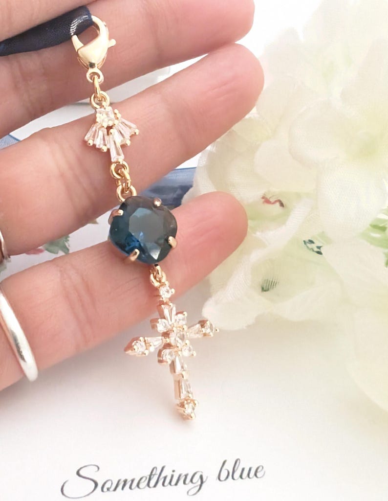 Something blue for bride gift Gold Cross Bridal Bouquet charm, Bride to be gifts Bridal shower gift daughter wedding ceremony keepsake image 7