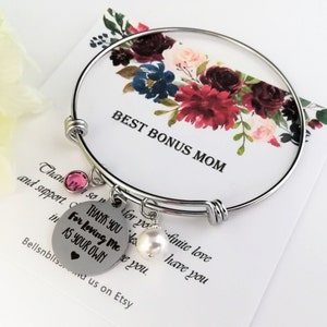 Stepmom Bangle Bracelet: Stainless Steel Charm, Crystal, Pearl