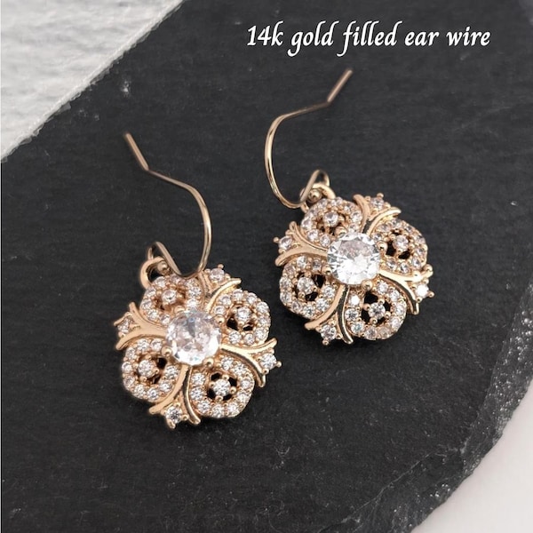 Victorian Earrings 14k GF Romantic Earrings Vintage Style  1920's Art Nouveau, Art deco Drop, Bridal Regency Wedding Jewelry