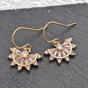 Art Deco Earrings Tiny Gold CZ Fan Crystal Bridal Earrings fan Earrings With 14k GF Ear wires 1920s Vintage Style Mothers day Gift for her