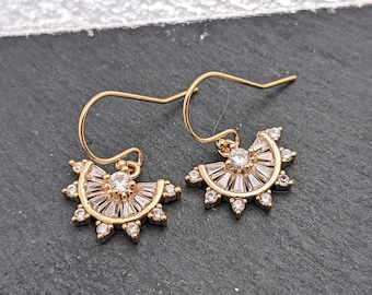 Art Deco Earrings Gold CZ Fan Crystal Bridal Earrings fan Earrings With 14k GF Ear wires 1920s Vintage Style gift Bridesmaid gift Wedding