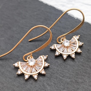 Art Deco Earrings Tiny Gold CZ Fan Crystal Bridal Earrings fan Earrings 1920s Vintage Style Birthday Gift for her Bridesmaid Fan earrings