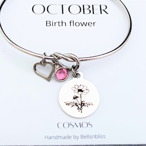 OCTOBER Birth flower Bracelet October Born Birthday Gift for her October Birthstone Jewelry Birth flower jewelry October Birthstone Bangle