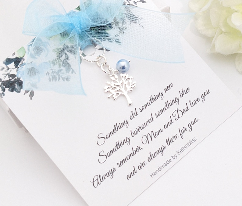 Daughter in law gift Something blue for Daughter in law on her wedding day gift Something blue for bride from Mom Tree of life Bouquet charm Mom and dad