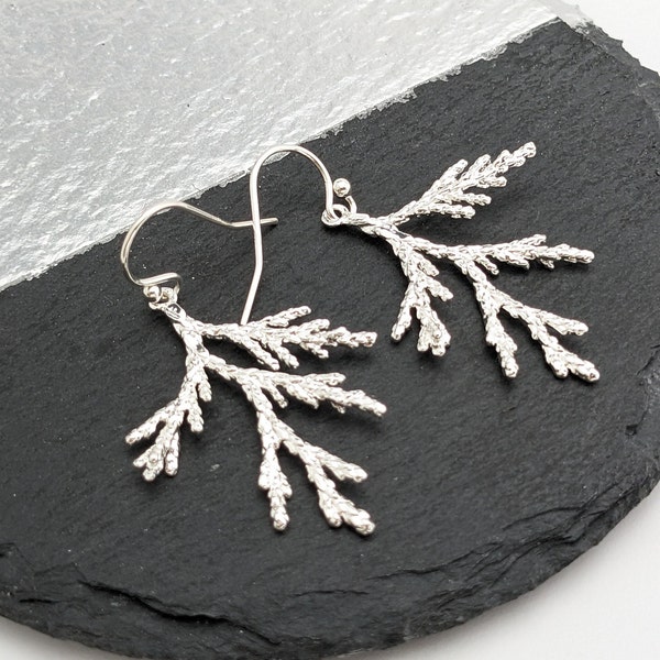 Silver Cypress Branch Earrings Juniper Earrings, Twig earrings, Nature Jewelry, Woodland Earrings Nature Lover Gift for Women Cedar Branch