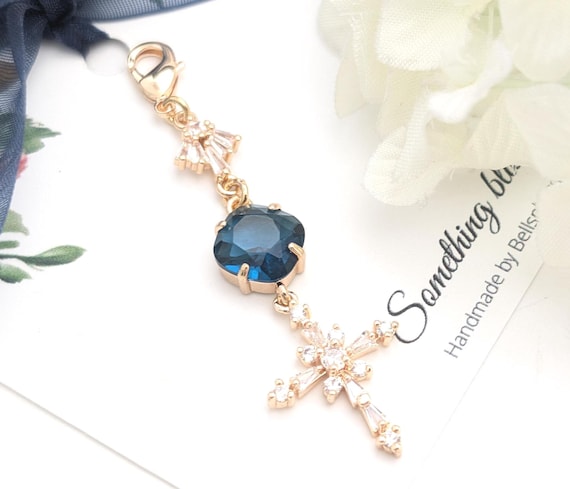 Something blue for bride gift Gold Cross Bridal Bouquet charm, Bride to be gifts Bridal shower gift daughter wedding ceremony keepsake