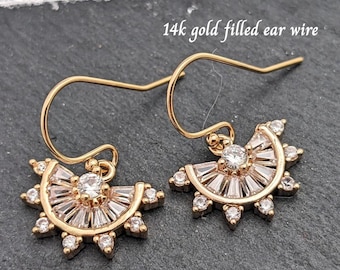 Art Deco Earrings Tiny Gold CZ Fan Crystal Bridal Earrings fan Earrings With 14k GF Ear wires 1920s Style Bridesmaid Mother's day Gift