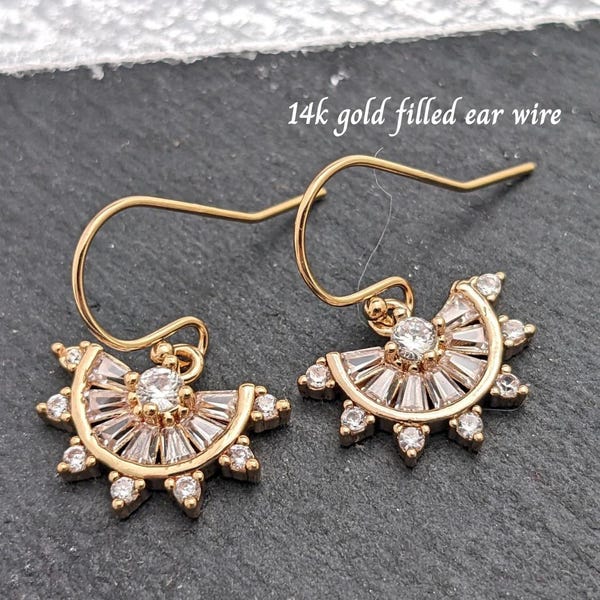 Art Deco Earrings Tiny Gold CZ Fan Crystal Bridal Earrings fan Earrings With 14k GF Ear wires 1920s Style Bridesmaid Jewelry gift for her