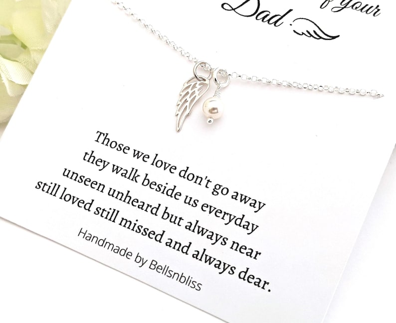 Dad Memorial Necklace, Sterling Silver Angel wing Necklace, Loss of Father Memorial Sympathy Jewelry image 1