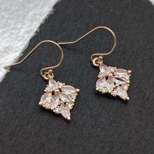May include: A pair of gold dangle earrings with a cluster of clear, faceted stones in a floral design.
