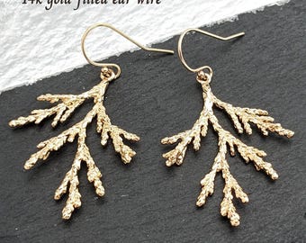 Gold Cedar Branch Earrings, Twig earrings, Nature Jewelry, Cypress Branch Earrings Juniper Spruce Earrings Woodland Birthday gift for her
