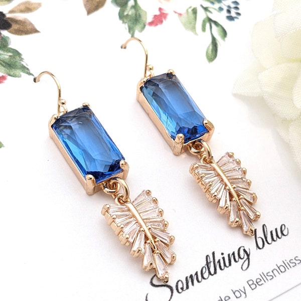 Something blue Earrings, Gold Sapphire Earrings Art Deco Earrings, Art Nouveau, Boho Bridal Earrings, Navy blue Gold Crystal Leaf Earrings