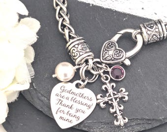 Godmother Gift for Godmother bracelet, Godmother birthday gift for Godmother, Personalized gift,  Birthday gift Jewelry, Cross Birthstone