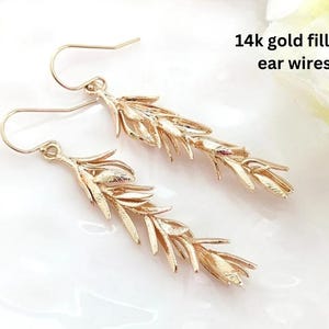 Rosemary Leaf Earrings, Leaf Earrings, Gold Branch Bridesmaid Earrings gift Fall wedding, Meadow Wildflower Jewelry Nature Plant Lover