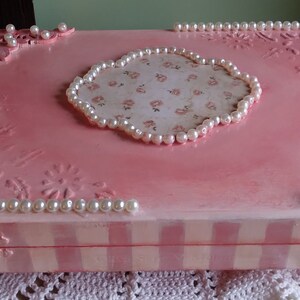 Vintage designed refurbished jewelry box.  Victorian style with while pearl beads. Hand painted a peachy pink color. One of a kind upcyled.